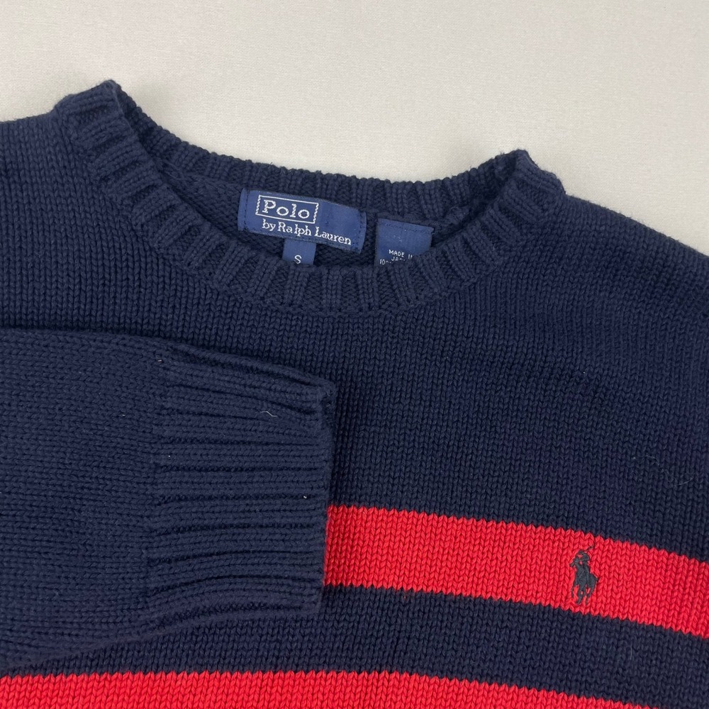 Polo Ralph Lauren Kids Navy Blue Red Striped Cotton Knit Crewneck Sweater Small
